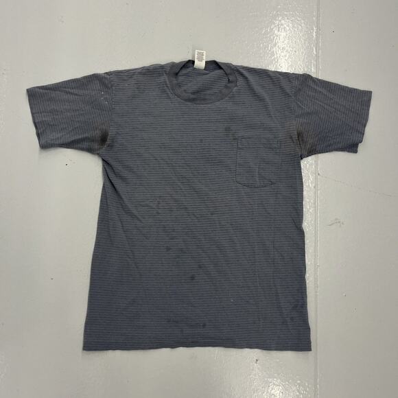 Vintage 90s Towncraft Grey Striped Blank Pocket T-Shirt - Picture 1 of 5